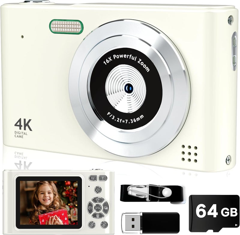 BEARBISU Digital Camera, 44MP Full HD 1080P Point and Shoot Camera with 64GB Card, Anti Shake 16X Zoom Compact Volg Cameras, Portable Small Camara Gift for Kids, Ages Teen Girl Boy - White - Image 1
